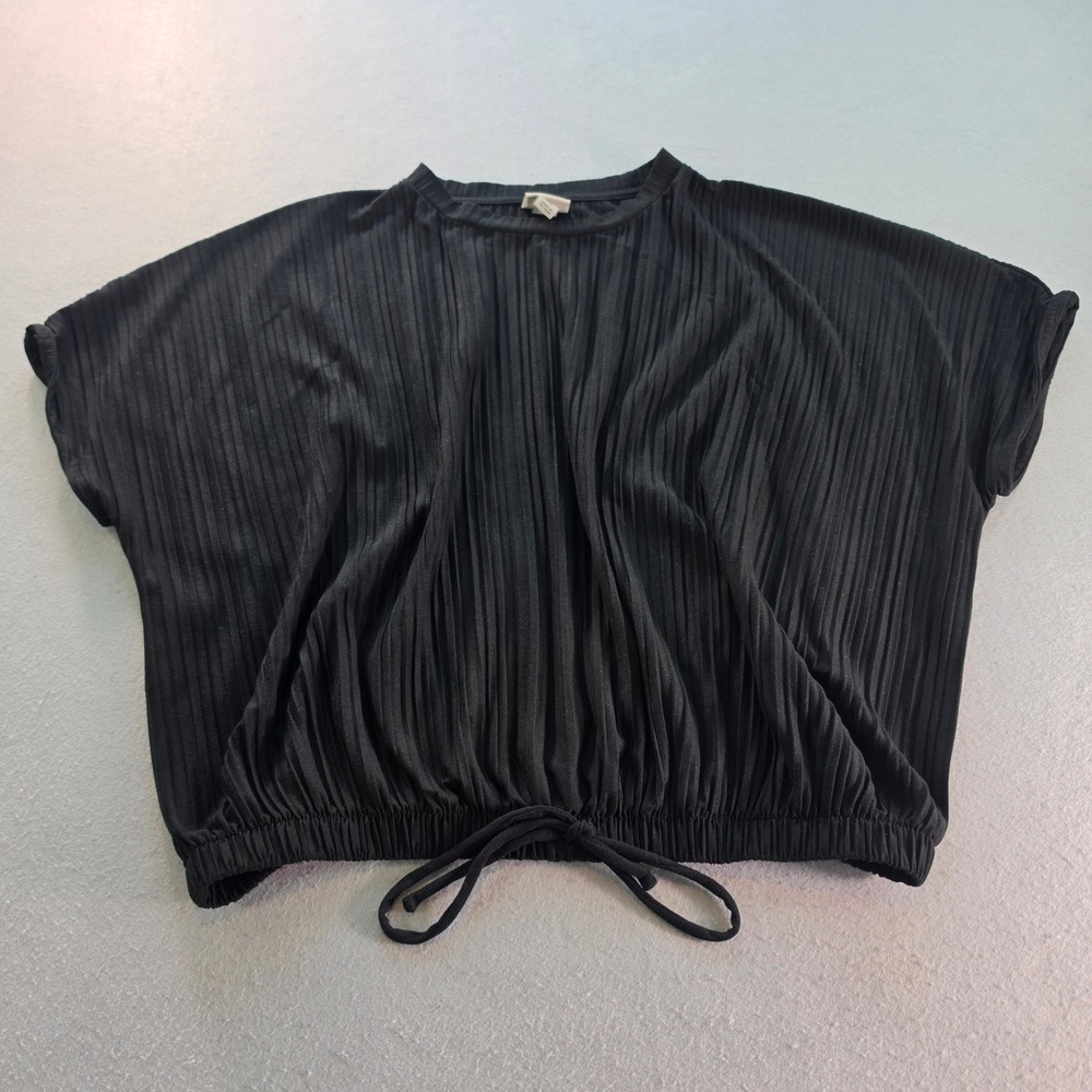 A New Day Womens XS Black Pleated Plisse Top Blouse Minimalist Chic